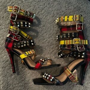 Plaid Studded Heels in Red and Yellow